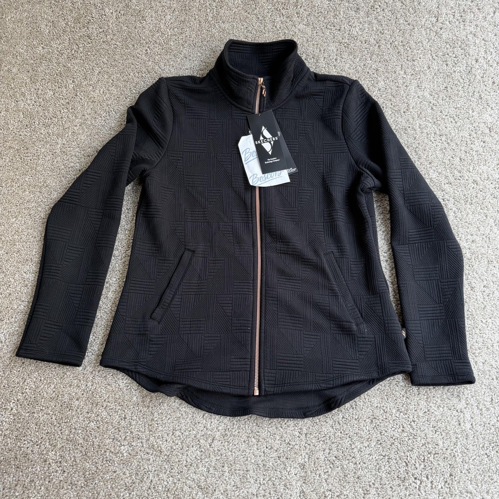 Skechers Jacket Womens Medium Black Full Zip Knit Geometric Stretch Activewear - Picture 1 of 11